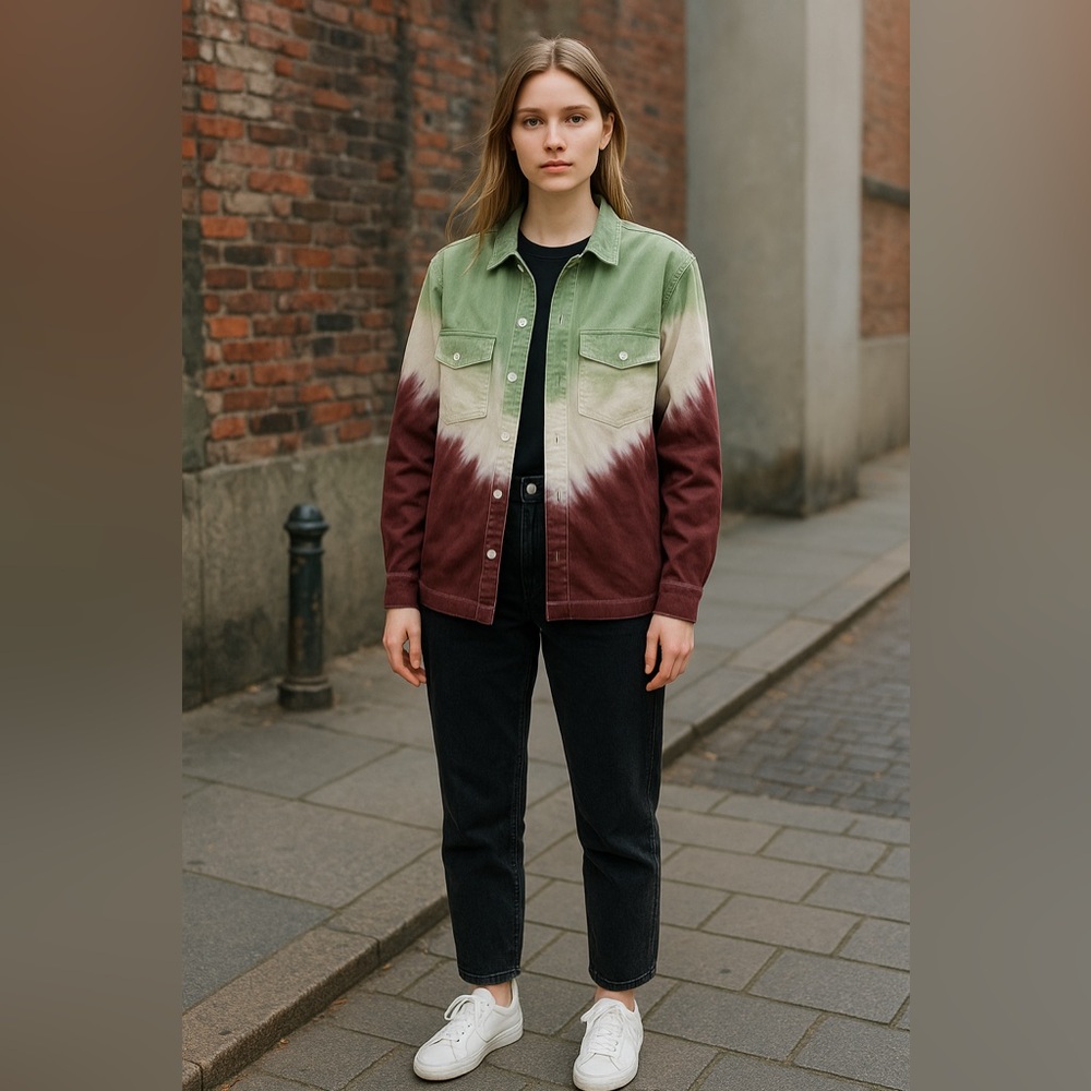 BDG Tie-Dye Button-Down Shirt Jacket in Green, White & Burgundy